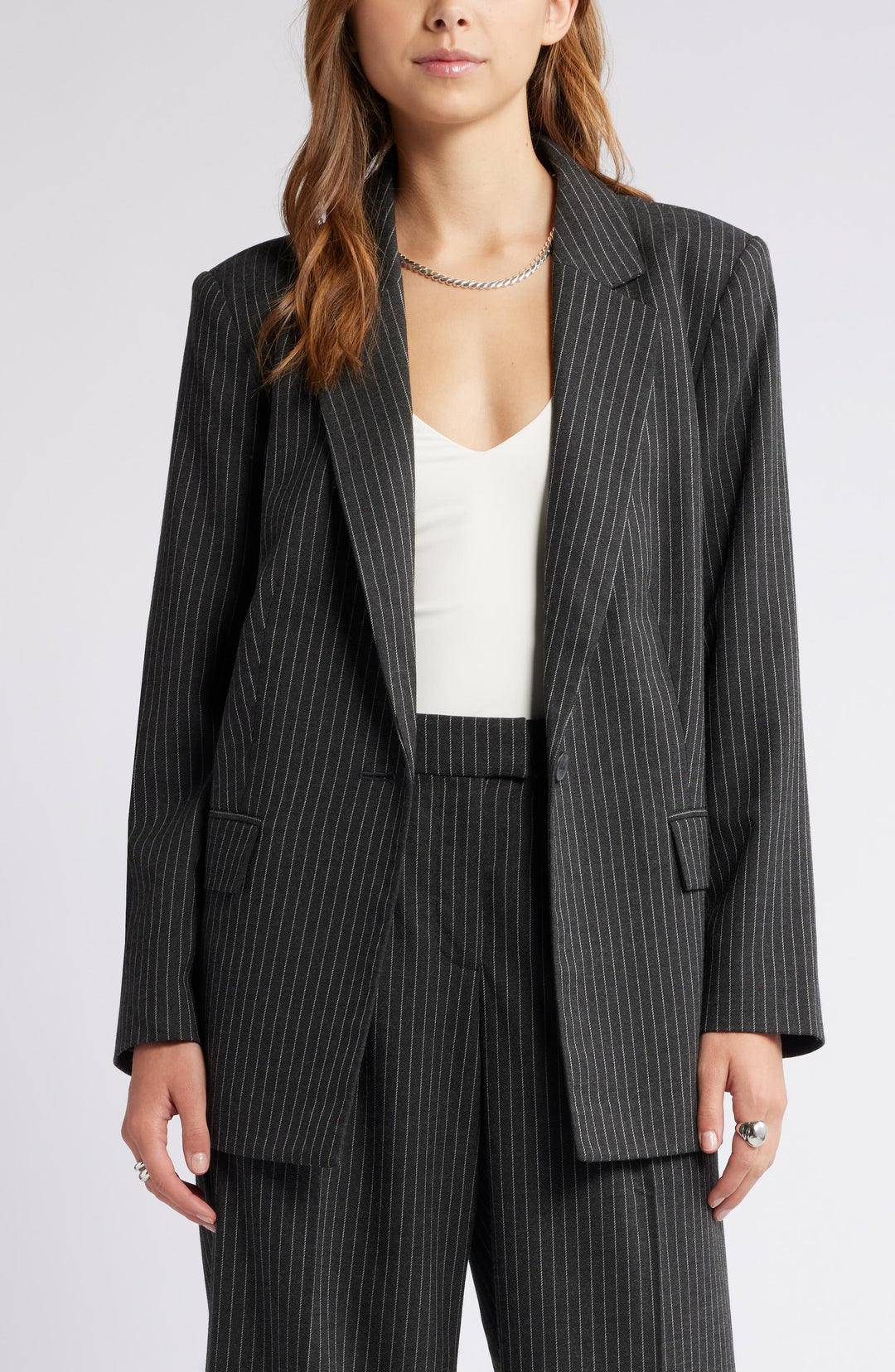 solovedress 2 Piece Single Button Grey Stripe Women Suit (Blazer+Pants)