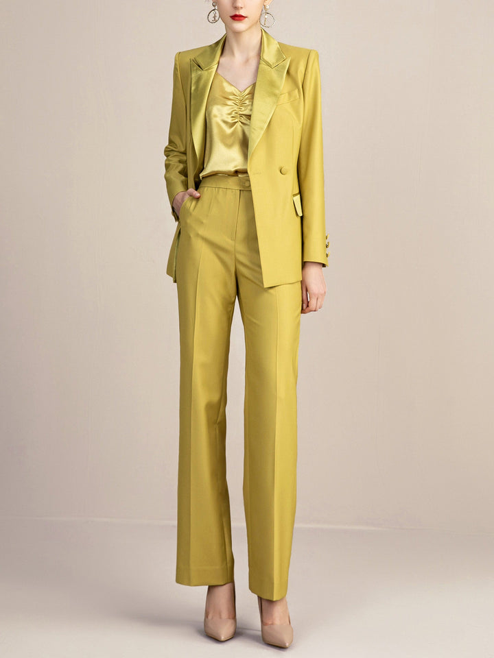 solovedress Gold 2 Piece Double Breasted Slim Fit Satin Collar Women Suit (Blazer+Pants)