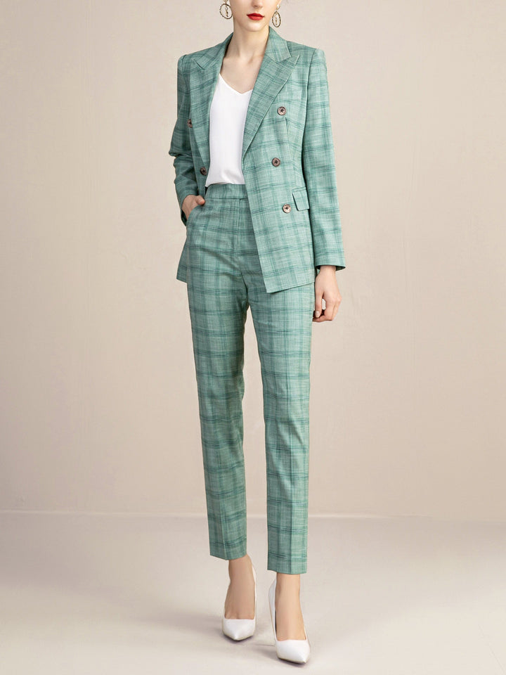 solovedress Green 2 Piece Double Breasted Peak Lapel Slim Fit Plaid Women Suit