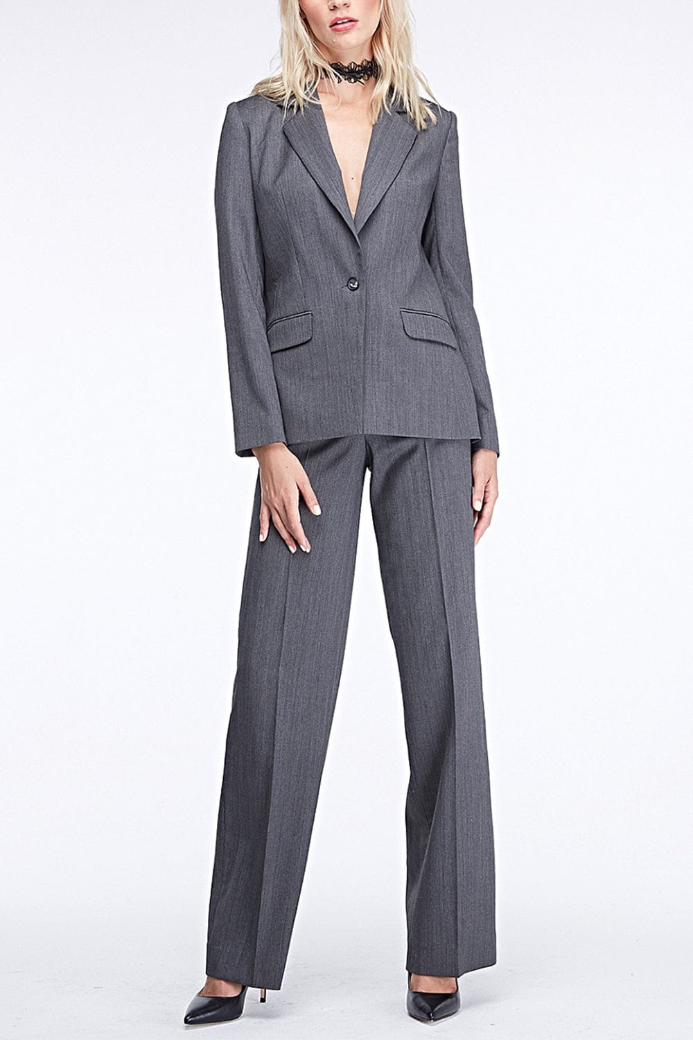 solovedress Grey Women Suit 2 Piece Single Buttons Notch Lapel Blazer (Blazer+Pants)